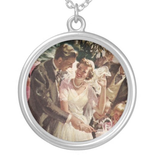 Vintage Reception Bride Groom Newlyweds Cut Cake Pendants
