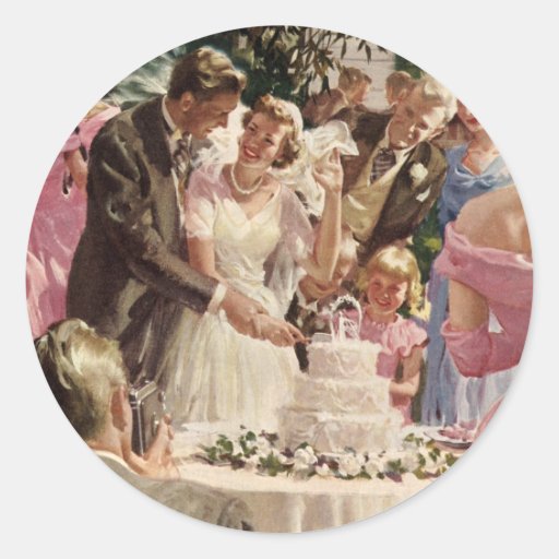 Vintage Reception Bride Groom Newlyweds Cut Cake Round Stickers