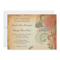 Vintage red brown floral swirls wedding invitation