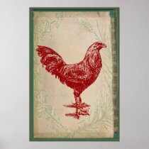 Vintage Red Rooster Shabby Chic Grunge Chicken Print