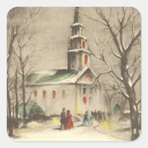 Vintage Religious Christmas, Church, Snow, Winter Sticker