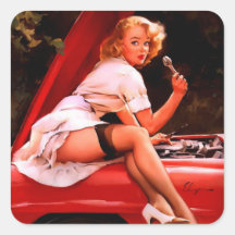 Vintage Retro Gil Elvgren Car Mechanic Pinup Girl Square Sticker