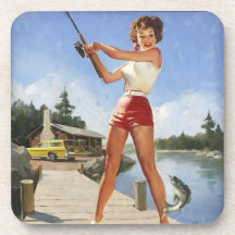 Vintage Retro Gil Elvgren Fishing Pinup Girl Beverage Coaster