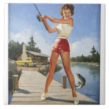 Vintage Retro Gil Elvgren Fishing Pinup Girl Ceramic Tile