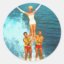 Vintage Retro Kitsch Women Dells Water Skiers Round Stickers