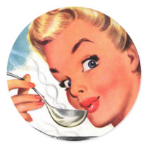 Vintage Retro Women Kitsch Soups Ready! Ad Round Sticker