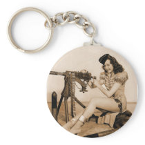 Vintage Retro Women Machine Gunner Girl Key Chain