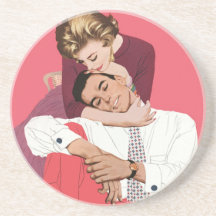 Vintage Romantic Love, Pink Retro Romance Beverage Coasters