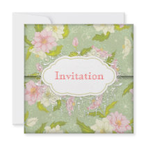 vintage rose and green wedding invitation