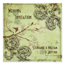 Vintage Sage Love Birds Wedding Invitation
