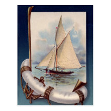 Vintage sail boat with life saver, rope and anchor post card