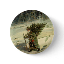 Vintage Santa Claus Carrying a Christmas Tree Pinback Buttons