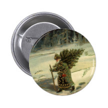 Vintage Santa Claus Carrying a Christmas Tree Pinback Buttons