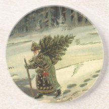 Vintage Santa Claus Carrying a Christmas Tree Coaster