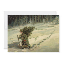 Vintage Santa Claus Carrying a Christmas Tree Personalized Invitation