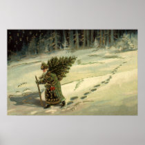 Vintage Santa Claus Carrying a Christmas Tree Print