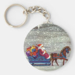 Vintage Santa Claus One Horse Open Sleigh in Snow Keychain