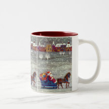 Vintage Santa Claus One Horse Open Sleigh in Snow Mugs
