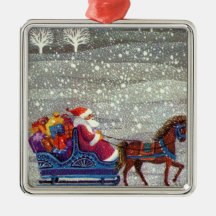 Vintage Santa Claus One Horse Open Sleigh in Snow Christmas Tree Ornaments