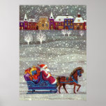 Vintage Santa Claus One Horse Open Sleigh in Snow Print