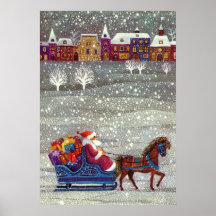 Vintage Santa Claus One Horse Open Sleigh in Snow Print