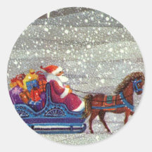 Vintage Santa Claus One Horse Open Sleigh in Snow Sticker