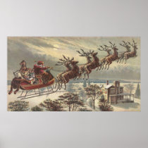 Vintage Santa Claus Reindeer Sleigh Christmas Eve Posters