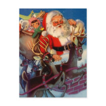 Vintage Santa & reindeer sleigh toys chimney Postcard