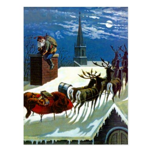vintage santa sleigh reindeer snowy rooftop moon postcard vintage santa sleigh reindeer snowy rooftop moon postcard