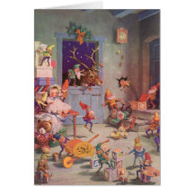 Vintage Santa's Workshop North Pole Elves and Toys Greeting Card