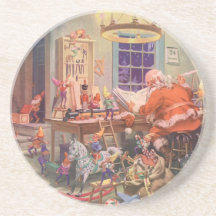 Vintage Santa's Workshop North Pole Elves and Toys Coaster