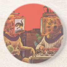 Vintage Science Fiction Aliens With Video Helmets Beverage Coaster