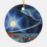 Vintage Science Fiction Blue Spaceship Over Planet Christmas Tree Ornament