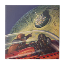Vintage Science Fiction Flying to the Lunar Cuty Ceramic Tile