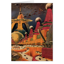 Vintage Science Fiction Futuristic City Flying Car Card