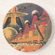 Vintage Science Fiction Futuristic City Flying Car Coaster
