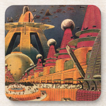 Vintage Science Fiction Futuristic City Flying Car Coasters