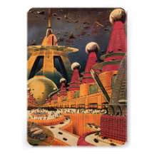 Vintage Science Fiction Futuristic City Flying Car Invitations