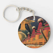 Vintage Science Fiction Futuristic City Flying Car Acrylic Keychains