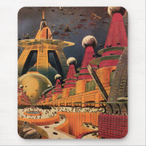 Vintage Science Fiction Futuristic City Flying Car Mouse Pad