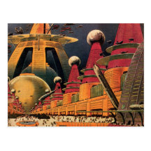 Vintage Science Fiction Futuristic City Flying Car Postcard