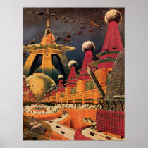 Vintage Science Fiction Futuristic City Flying Car Poster