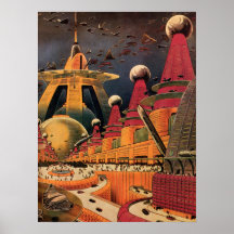 Vintage Science Fiction Futuristic City Flying Car Poster