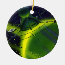 Vintage Science Fiction Green Planet w Spaceship Ornaments