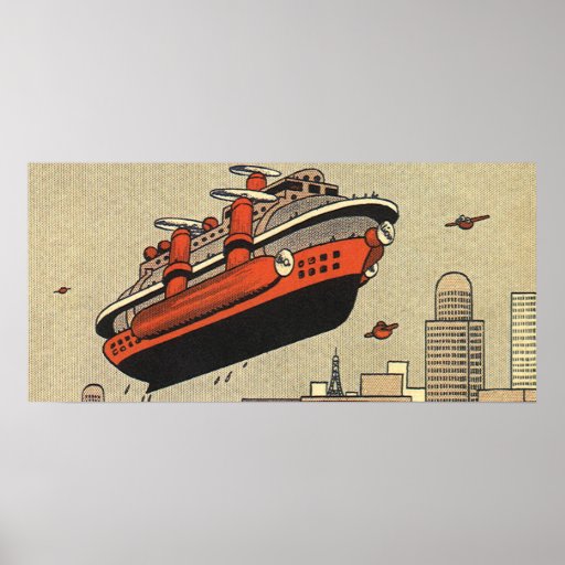 Vintage Science Fiction Helicopter Cruise Ship Poster