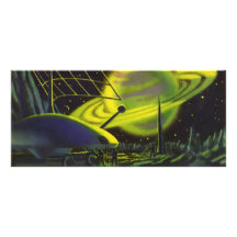 Vintage Science Fiction Neon Green Planet w Rings Rack Card Template