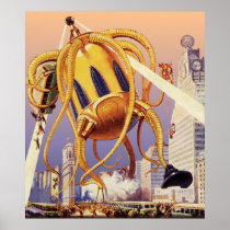 Vintage Science Fiction Octopus Alien Invasion War Print
