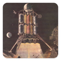 Vintage Science Fiction Rocket Blasting Off Planet Square Stickers