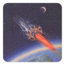 Vintage Science Fiction Rocket in Space over Earth Sticker