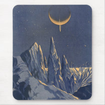 Vintage Science Fiction Snow Planet, Crescent Moon Mouse Pad